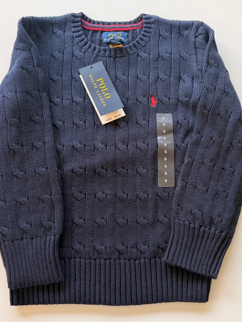 Ralph Lauren Navy Cable-Knit Crewneck Sweater with Red Pony Embroidery